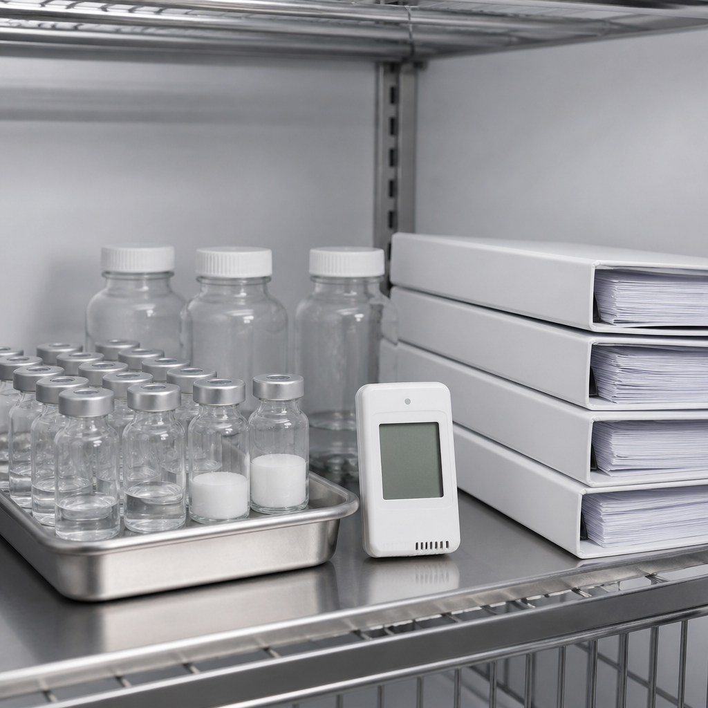 Refrigerated lab shelf with plain vials, a temperature logger and batch record binders for stability tracking.