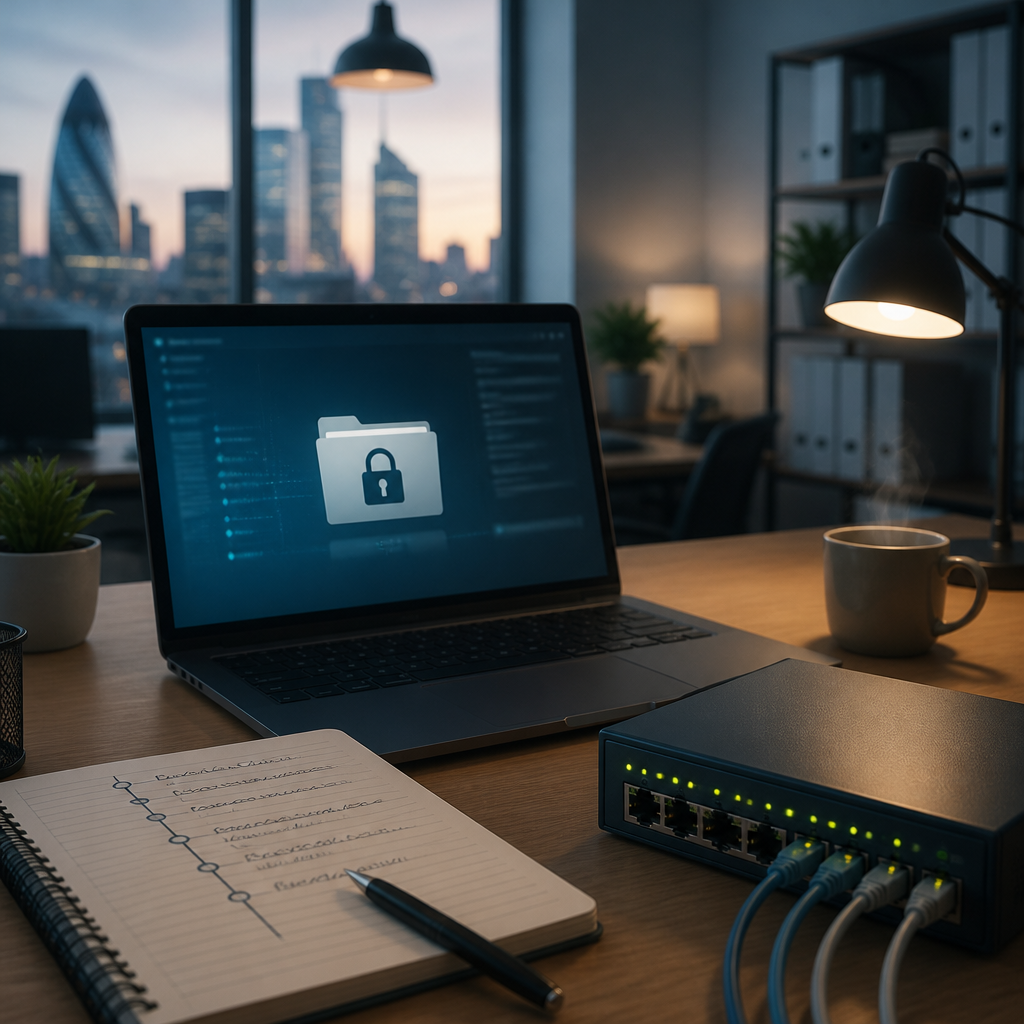 Laptop showing a locked file warning on a London office desk beside a handwritten incident timeline notebook
