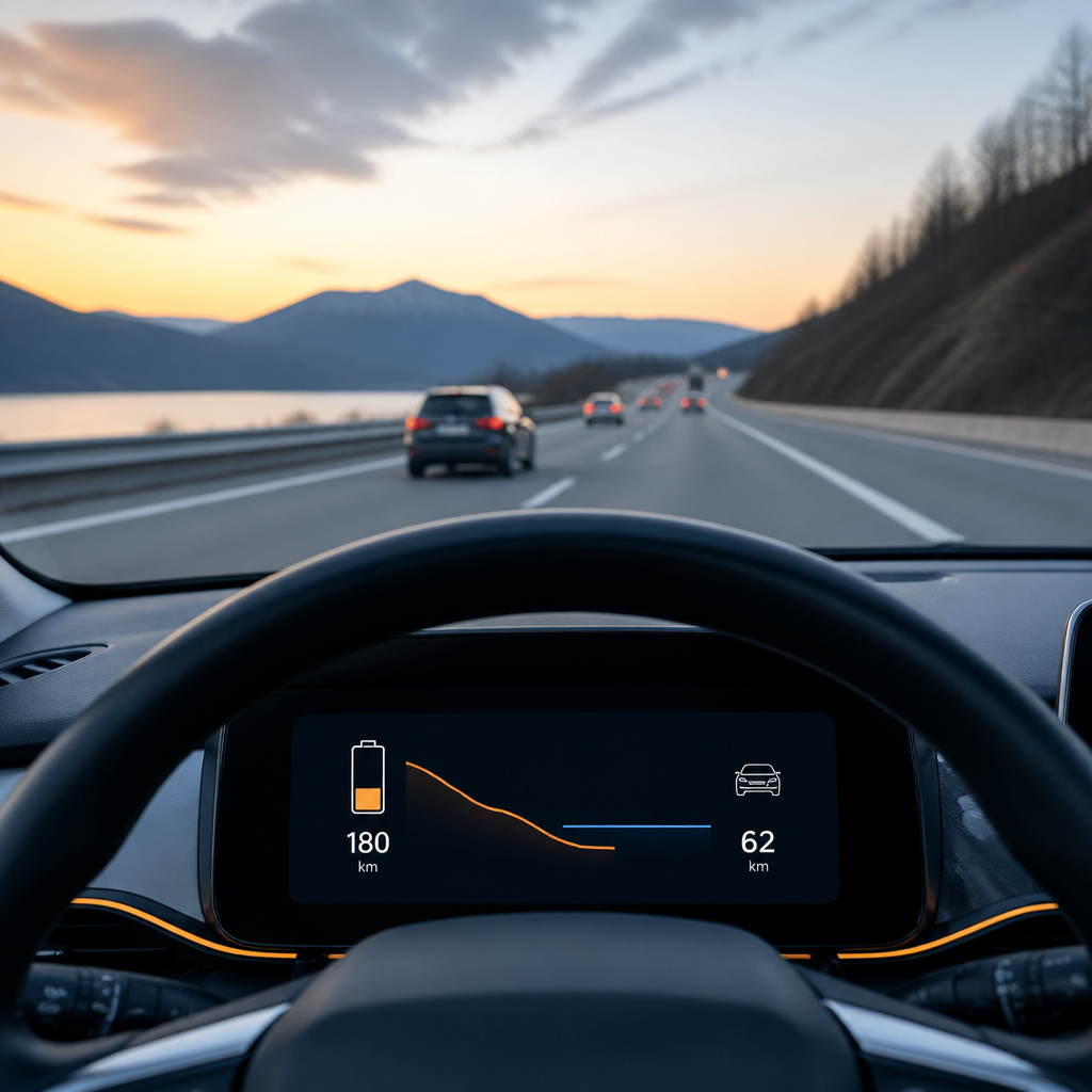 Electric car dashboard on a motorway showing range falling faster at highway speed, real-world range versus WLTP