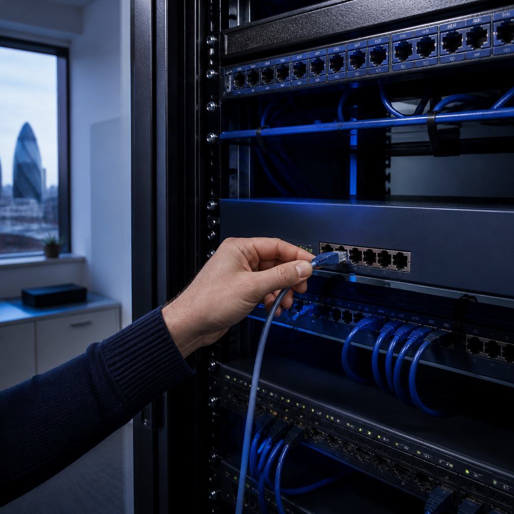 Hand unplugging a network cable from a switch in a small office server cupboard to isolate a device
