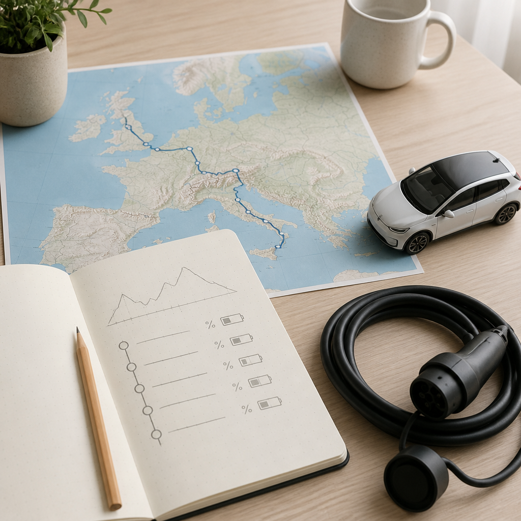 Desk with route map, notebook and charging cable for planning EV trips with realistic range figures