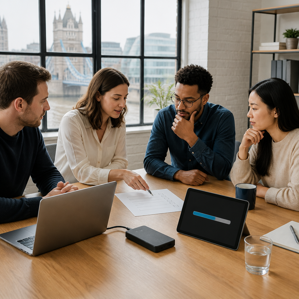 Small business team reviewing a recovery checklist and external backup drive around a conference table