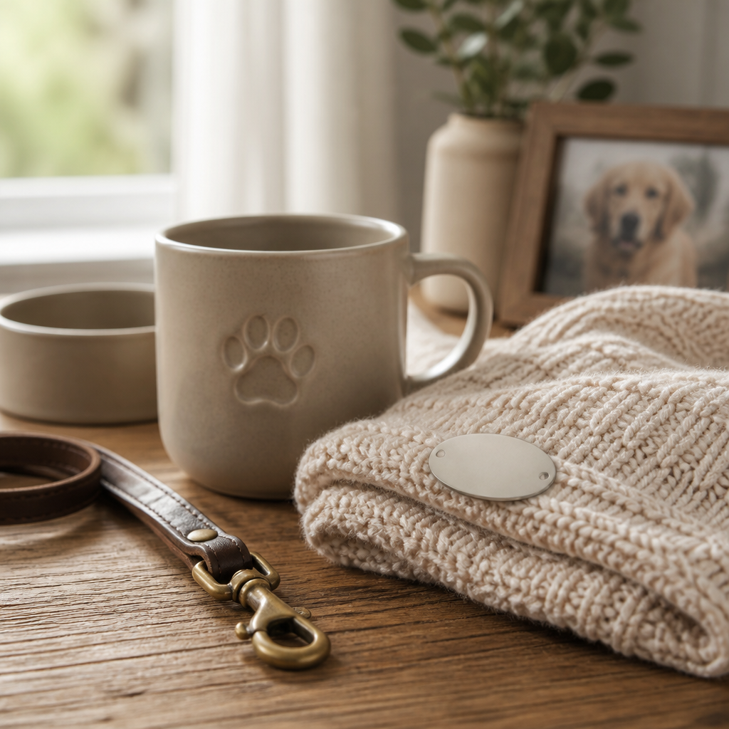 Personalized pet memorial keepsakes, a ceramic mug and knit blanket, arranged beside a worn leash on a wooden table.