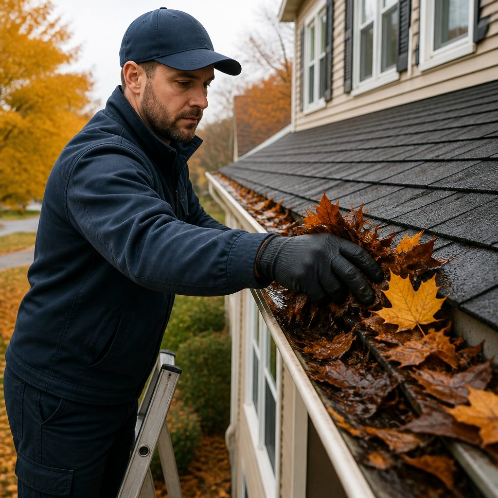 Technician clearing wet autumn leaves from an eavestrough on a home in Niagara Falls during October.