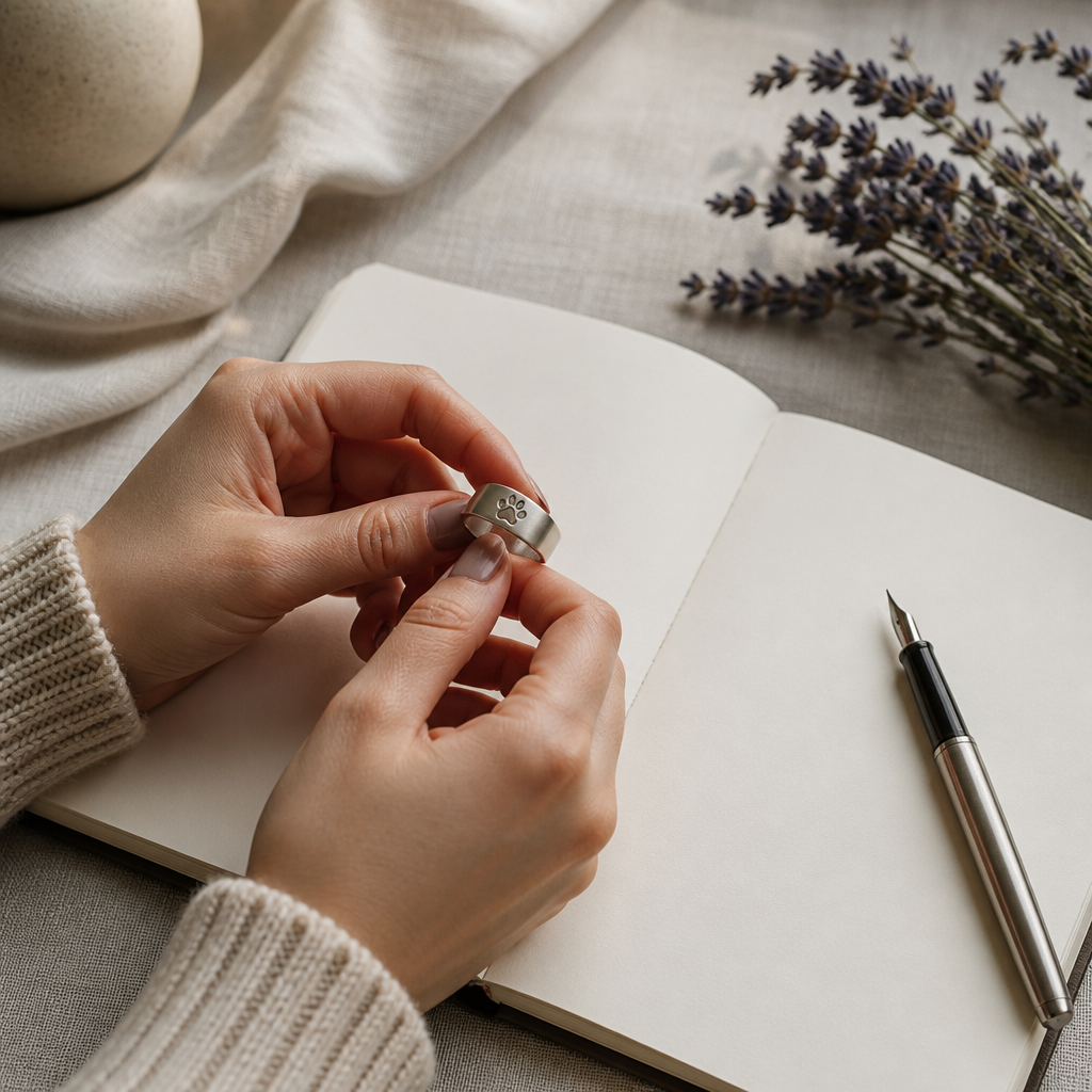 Hands holding a memorial keepsake above a notebook, writing a meaningful pet tribute by hand.