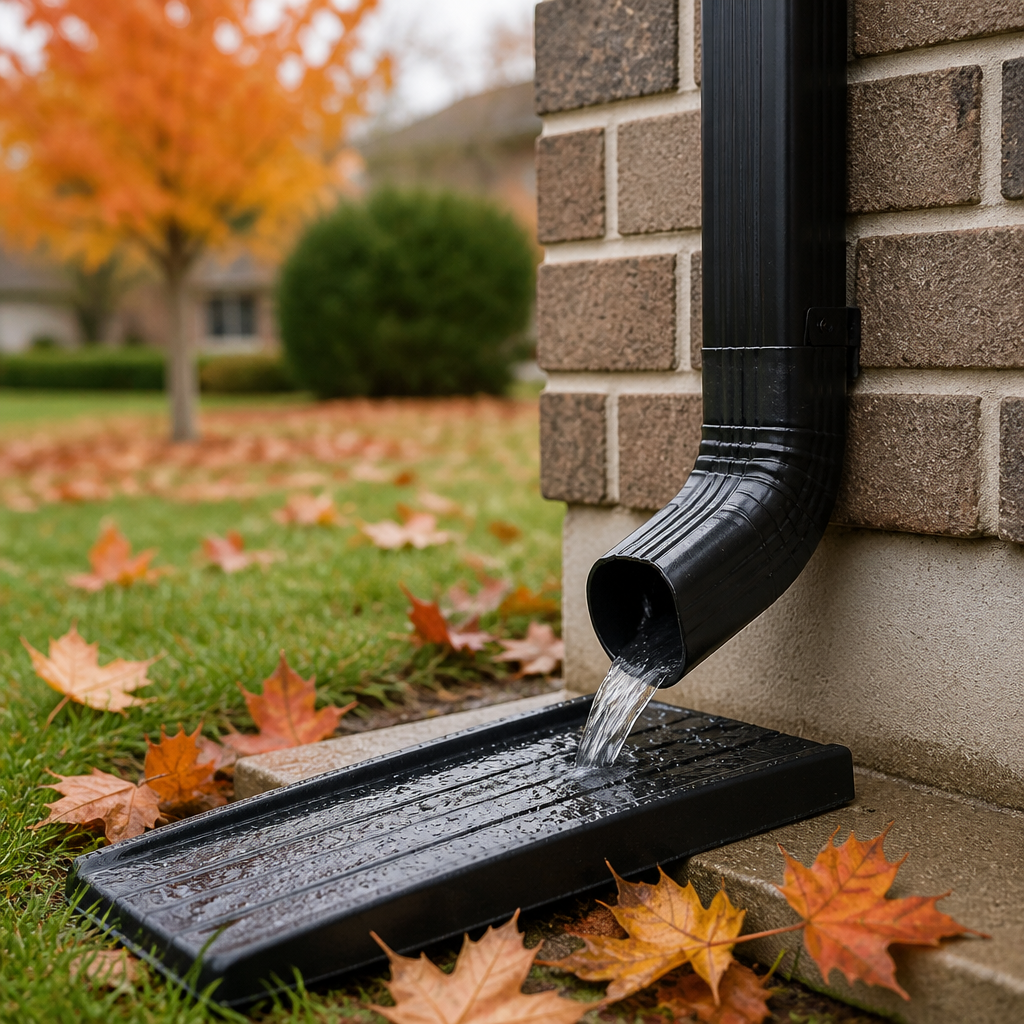 Rainwater draining cleanly from a downspout beside fallen autumn leaves on a suburban house.