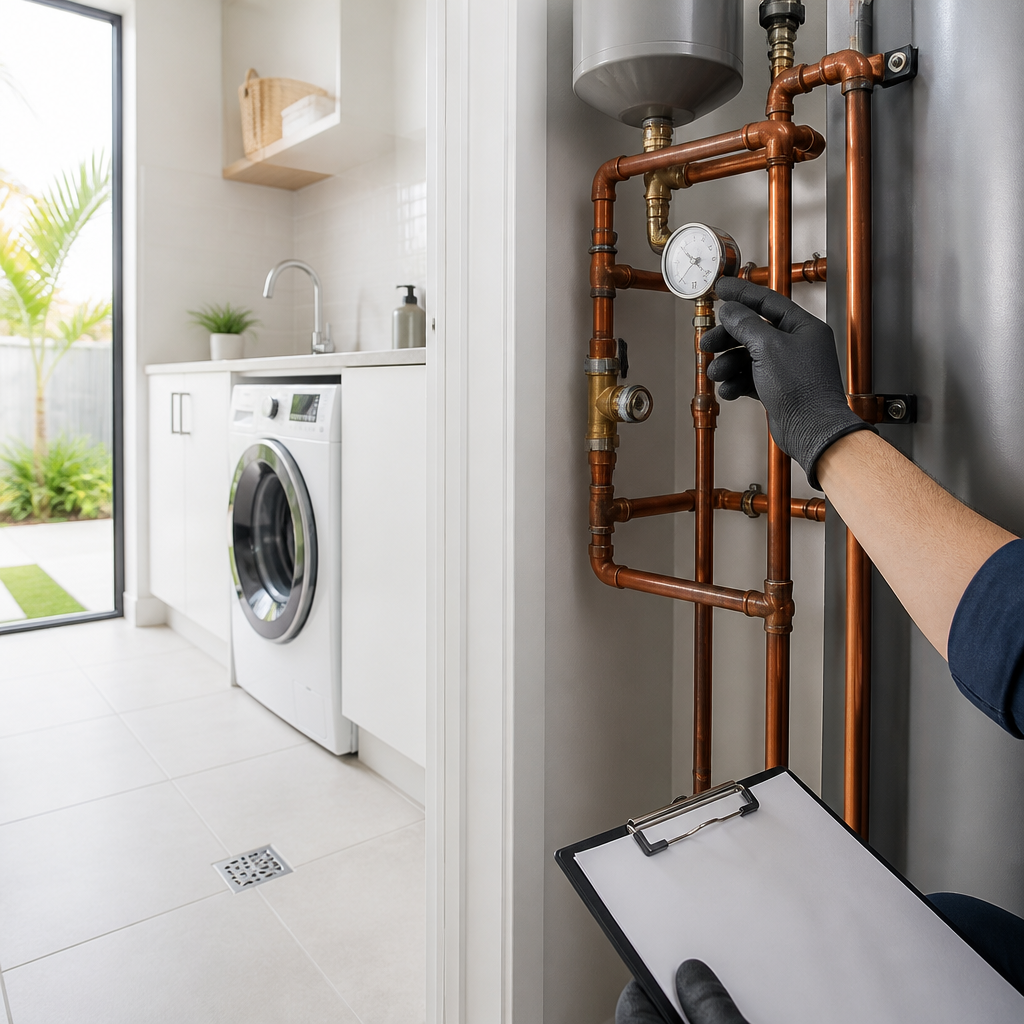 Inspector reading a pressure gauge beside exposed pipework in a new laundry during a home handover inspection.