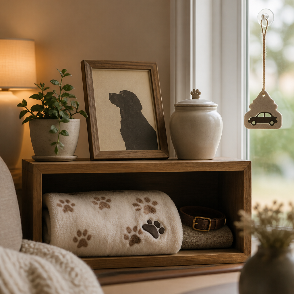 Custom pet keepsakes displayed on a living room shelf beside a window with a folded memorial blanket.