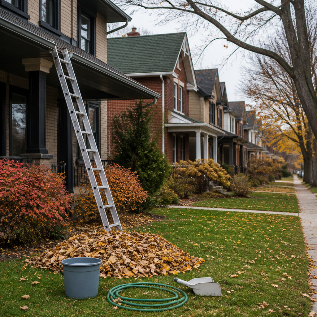 Ladder, bucket and gutter scoop beside a leaf pile on a tree-lined lawn in late autumn.