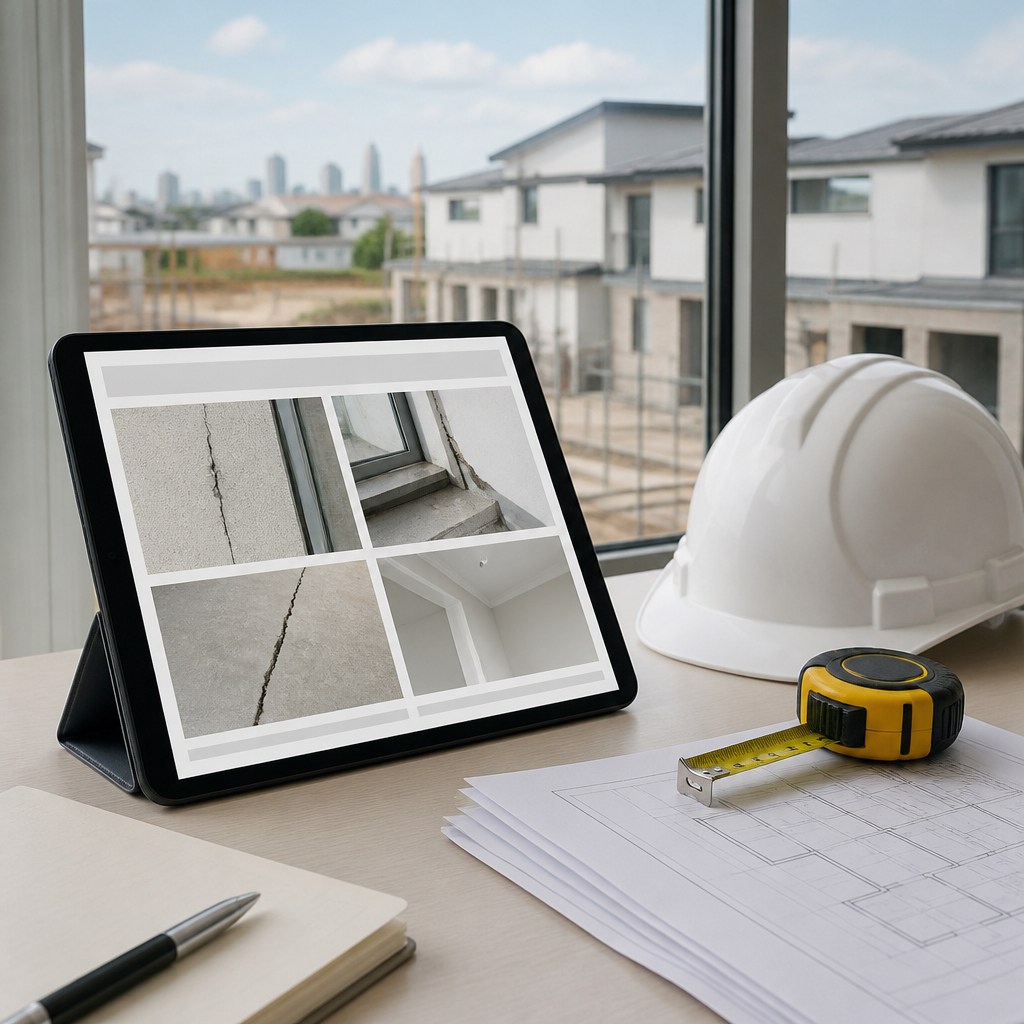 Tablet showing a photo-based defect report beside building plans for a new home inspection in Brisbane.