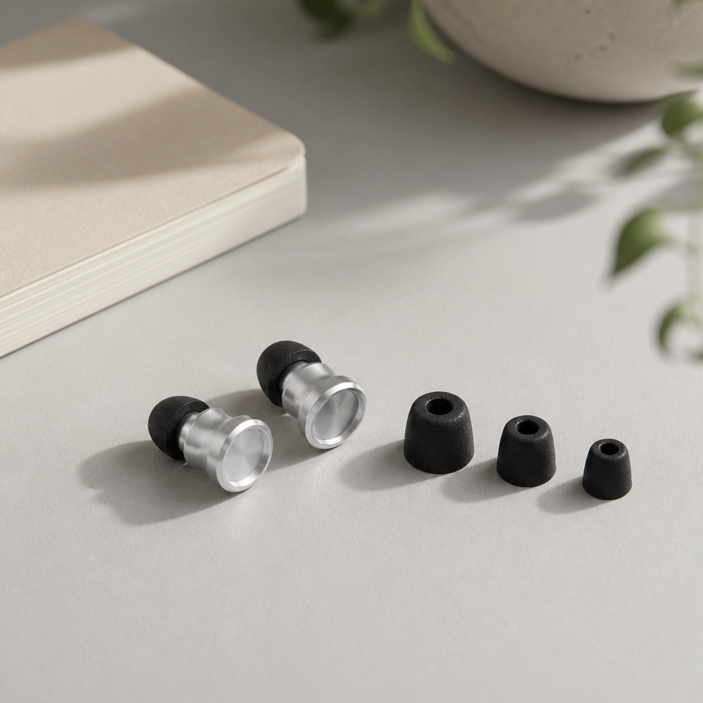 Pair of metal-bodied reusable ear plugs with foam tips on a grey surface, illustrating occupational noise exposure Australia protection.