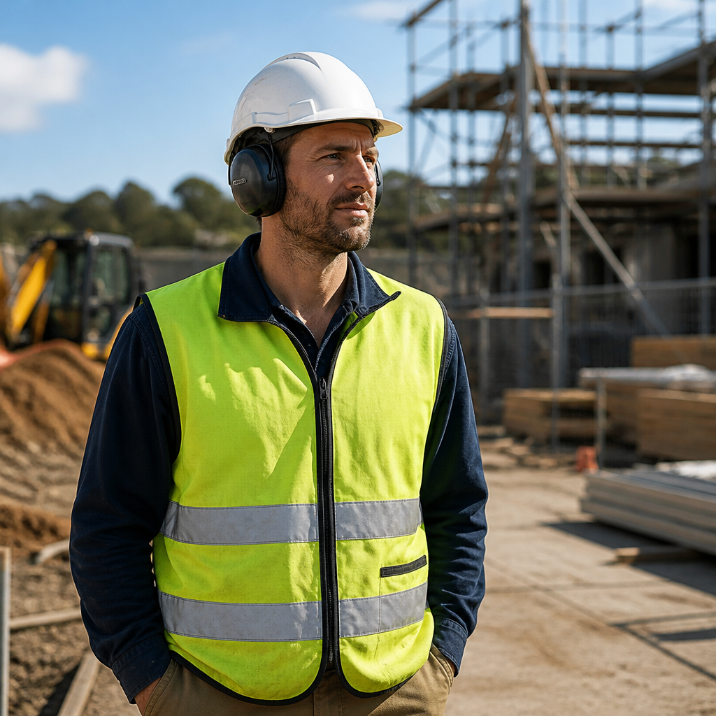Construction worker on an Australian site wearing hearing protection, reflecting workplace noise standards Australia.