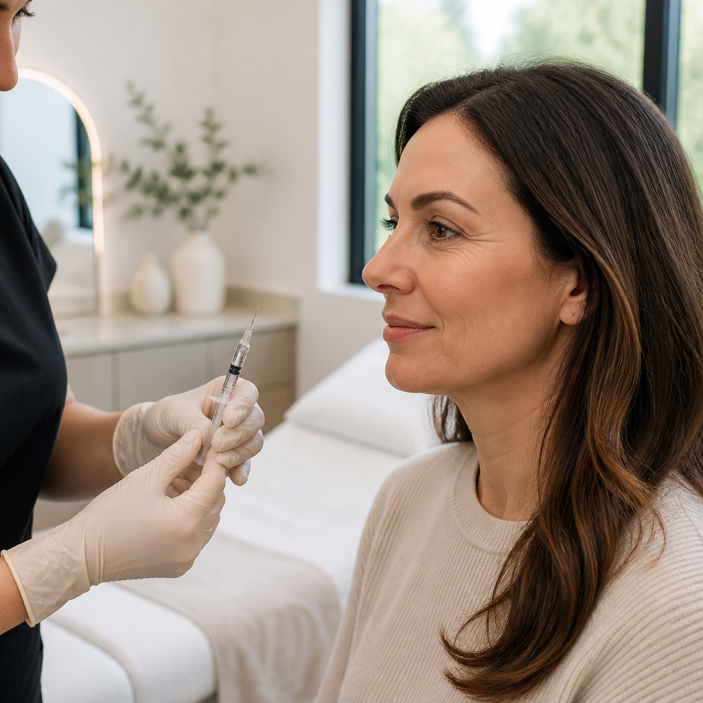 Clinician preparing a syringe for bunny lines Botox in a bright Aurora treatment room, with a client in soft profile.