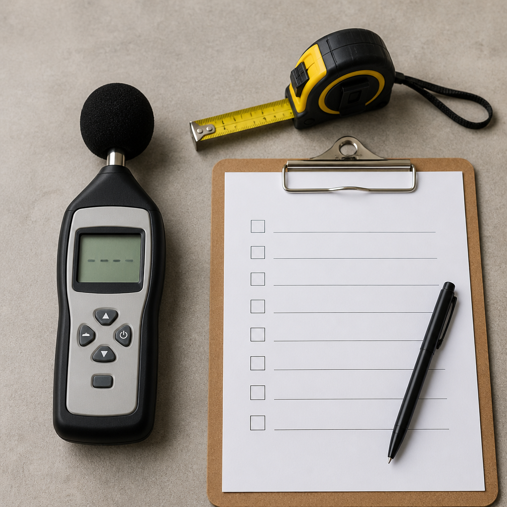 Sound level meter and clipboard on a workbench, showing how noise exposure limits are measured at the worker's ear.