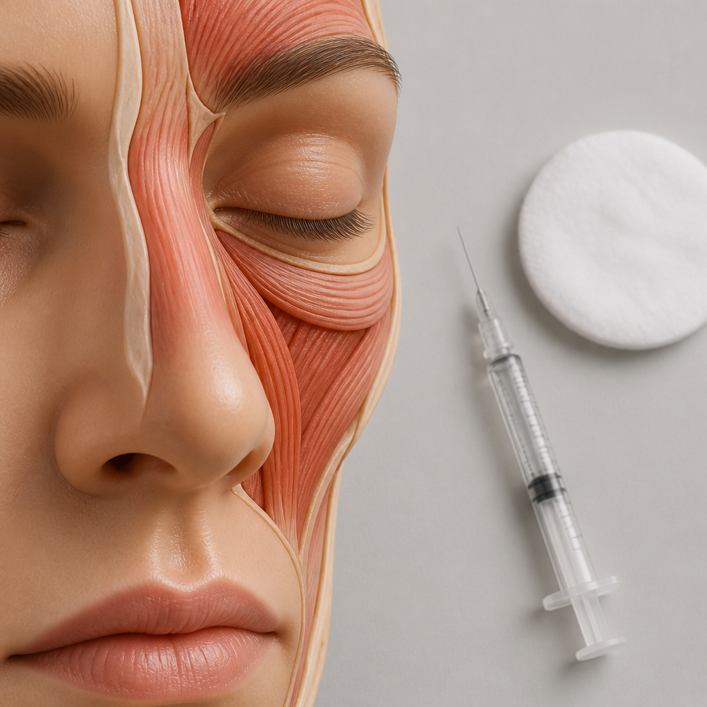 Facial anatomy model showing the muscle beside the nose where bunny lines Botox is aimed.