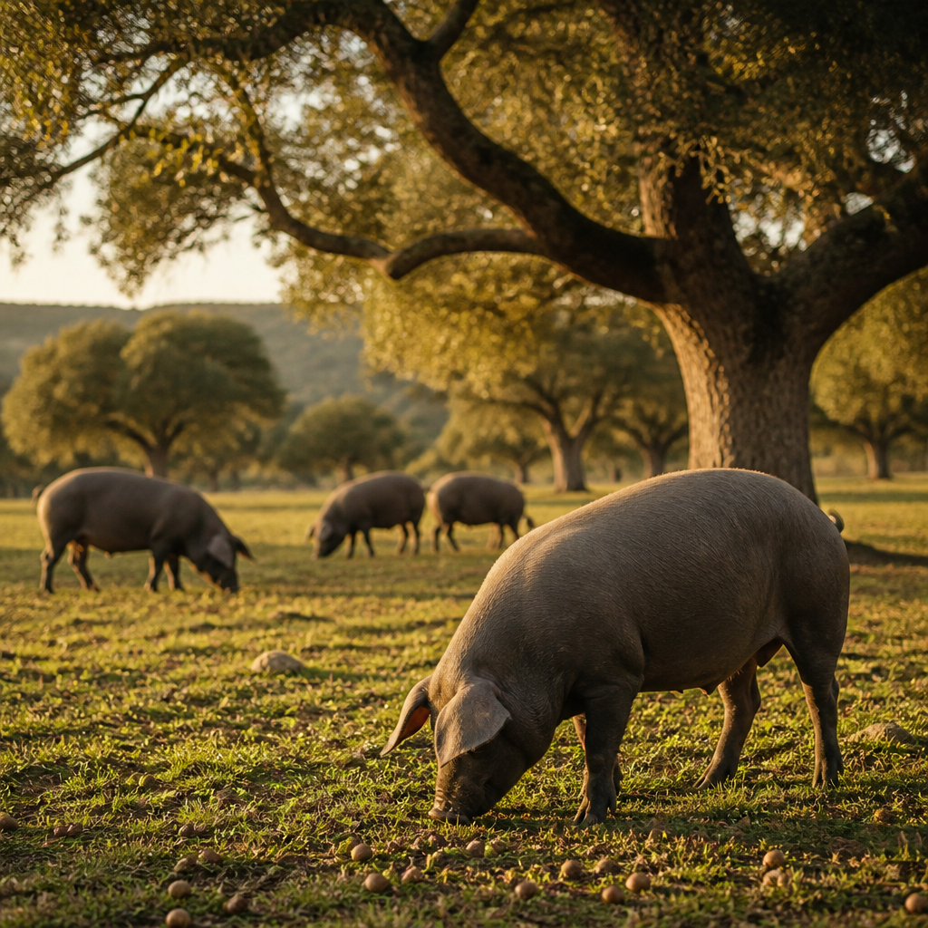 Cerdos ibéricos pastando bajo encinas en una dehesa, ilustrando la sostenibilidad del jamón ibérico
