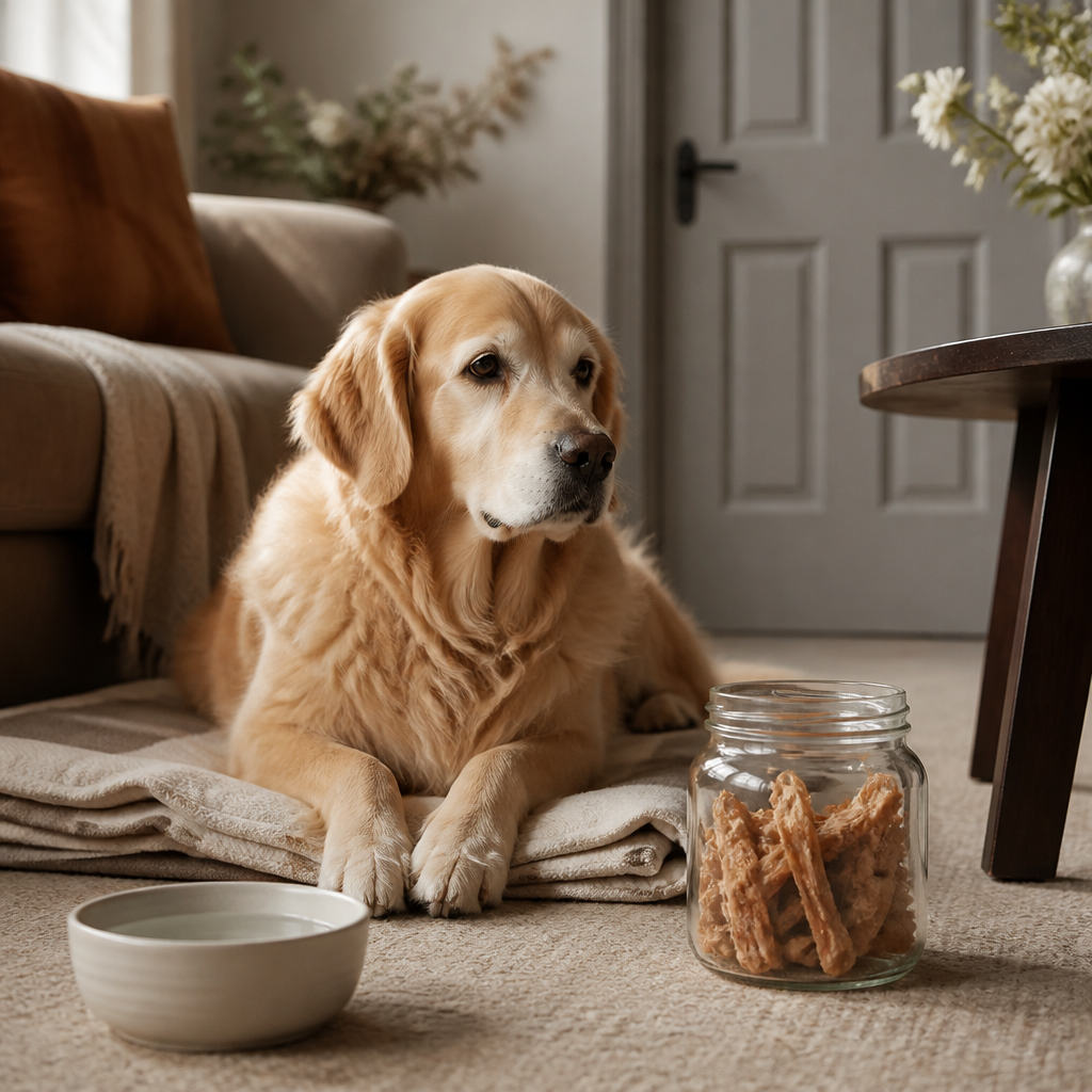 Calm golden retriever resting on a blanket in a quiet room during Melbourne Cup pets preparation, with a jar of dog treats nearby.