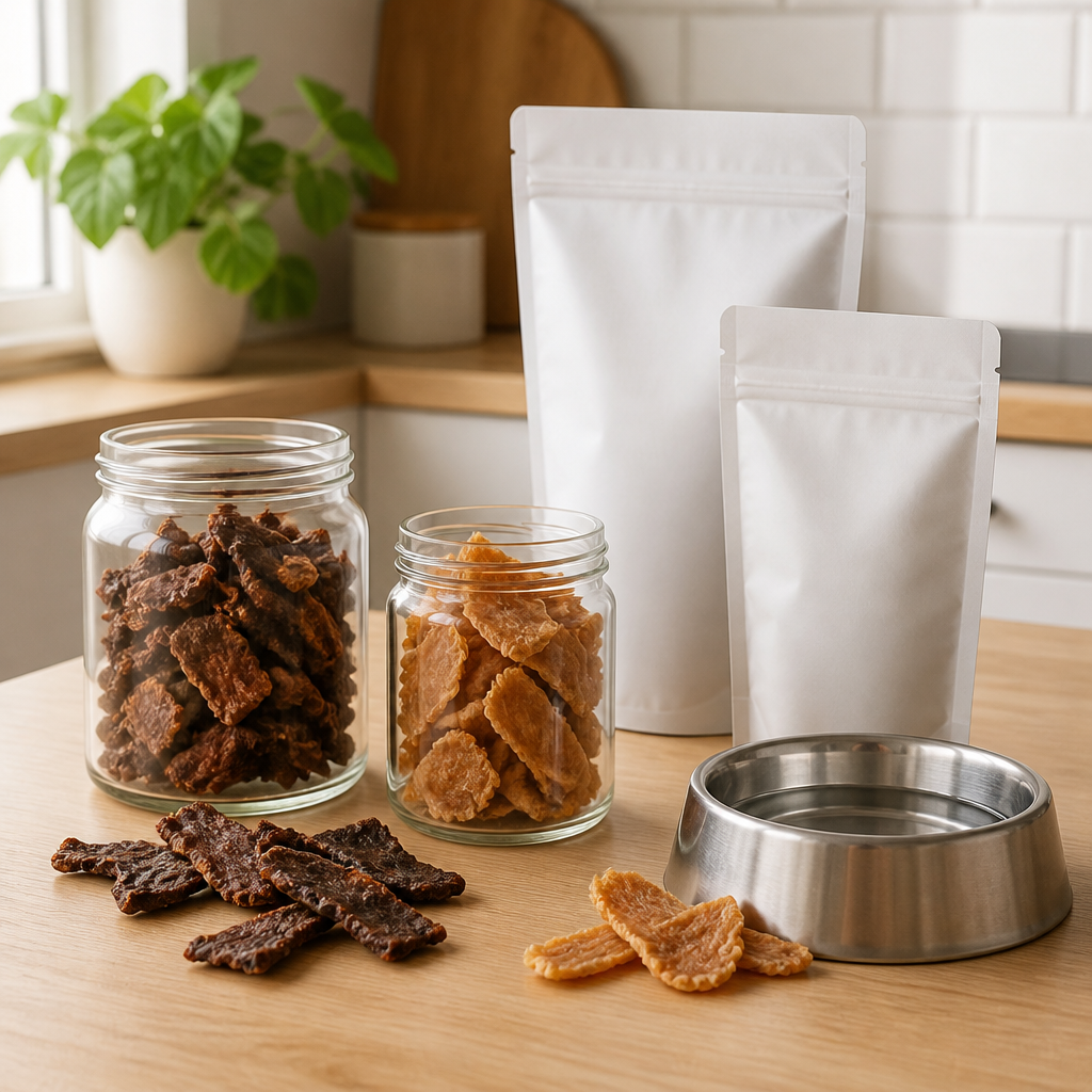 Air-dried beef and turkey dog treat chips arranged on a kitchen counter as natural calming dog treats options.