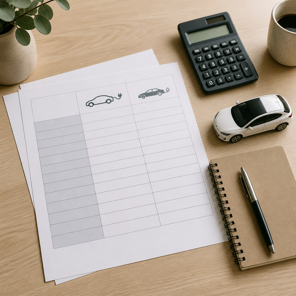Mesa con hojas de comparación de coches eléctricos y de combustión, calculadora y cuaderno para estimar costes