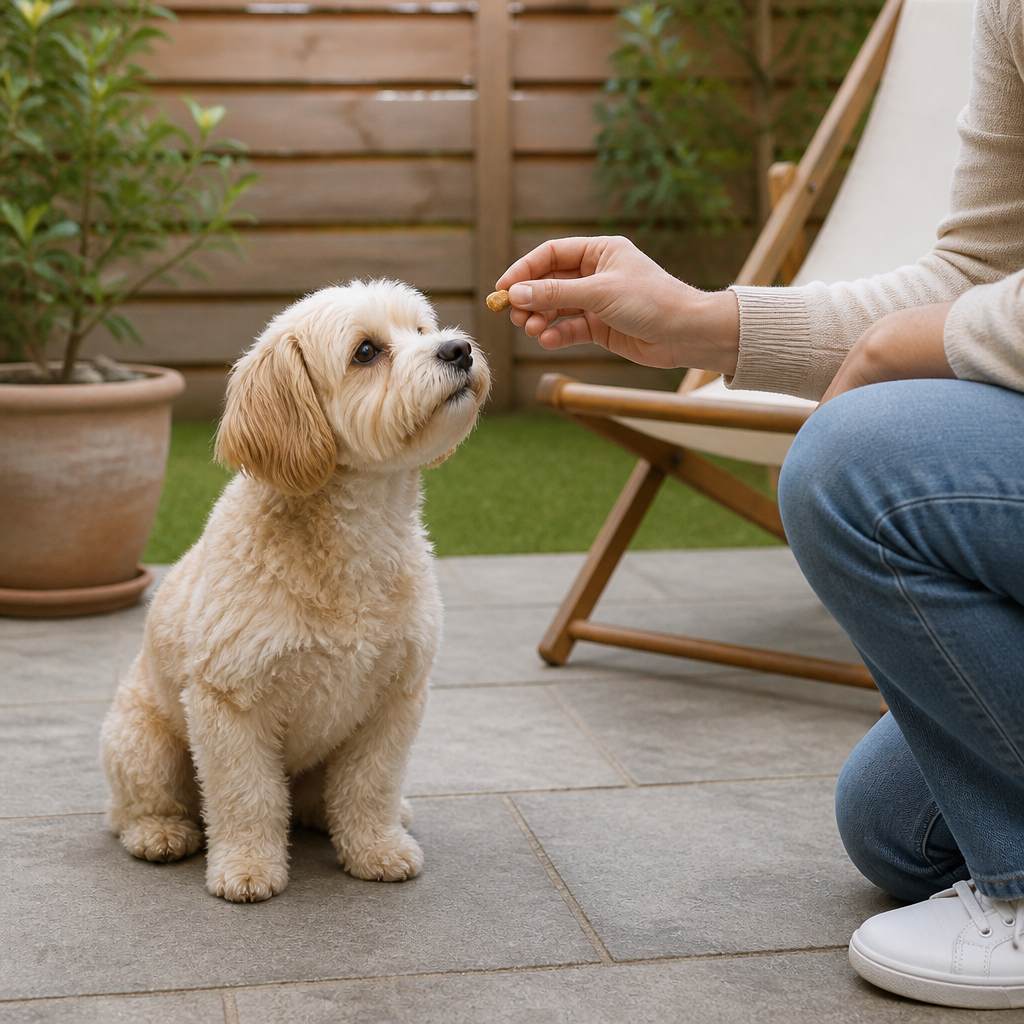 Owner rewarding a calm small dog with a treat in a backyard, reinforcing relaxed behaviour during Cup week.