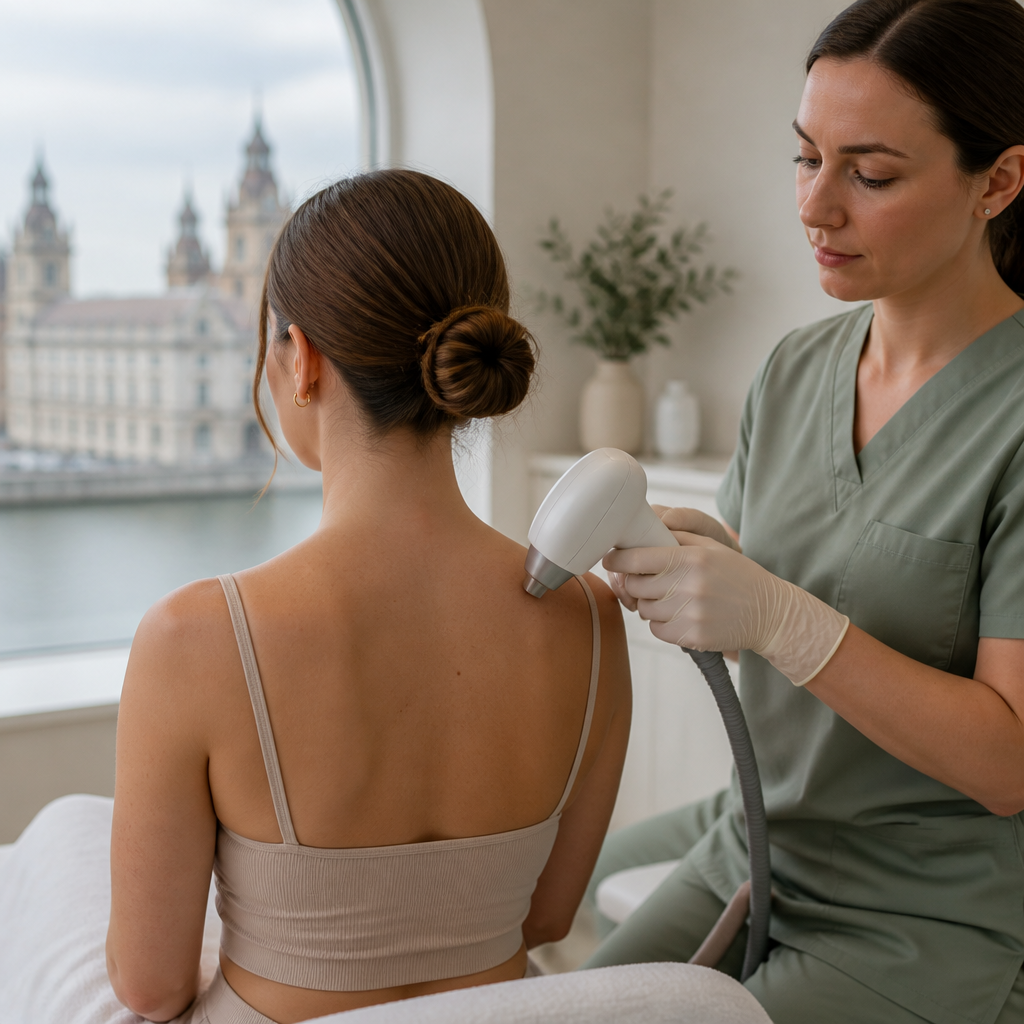 Clinician positioning a laser device on a woman's shoulder during a shoulder laser hair removal session in Liverpool