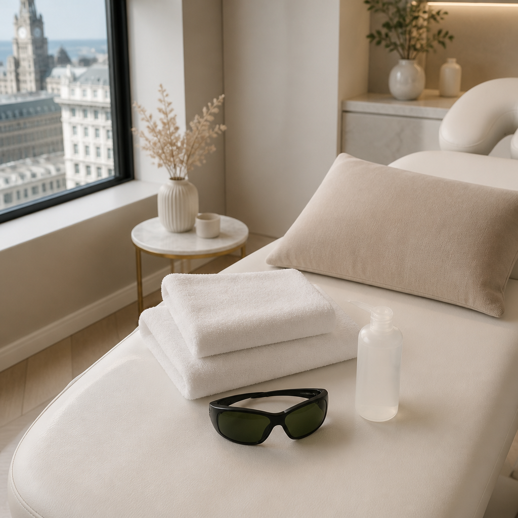 Treatment couch with towels and protective eyewear prepared for a décolletage laser hair removal appointment