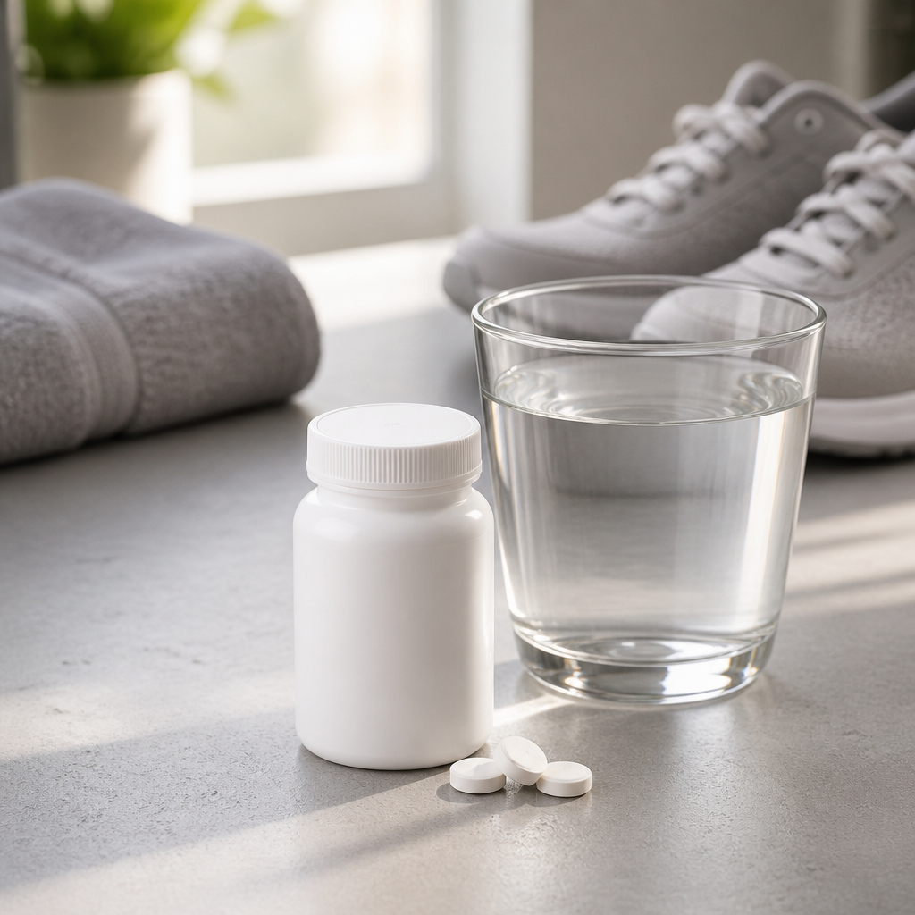Plain bottle of iodine supplement tablets beside a glass of water on a kitchen counter after a workout