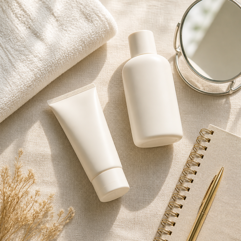 Flat-lay of skin preparation items for women preparing for laser hair removal and aftercare in Liverpool