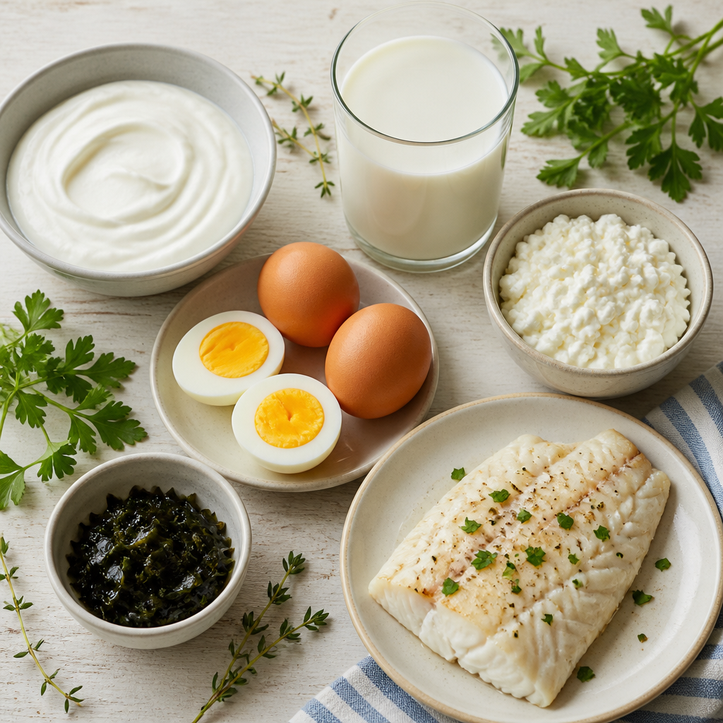 Eggs, milk, yoghurt and white fish arranged on a wooden table as dietary sources of iodine
