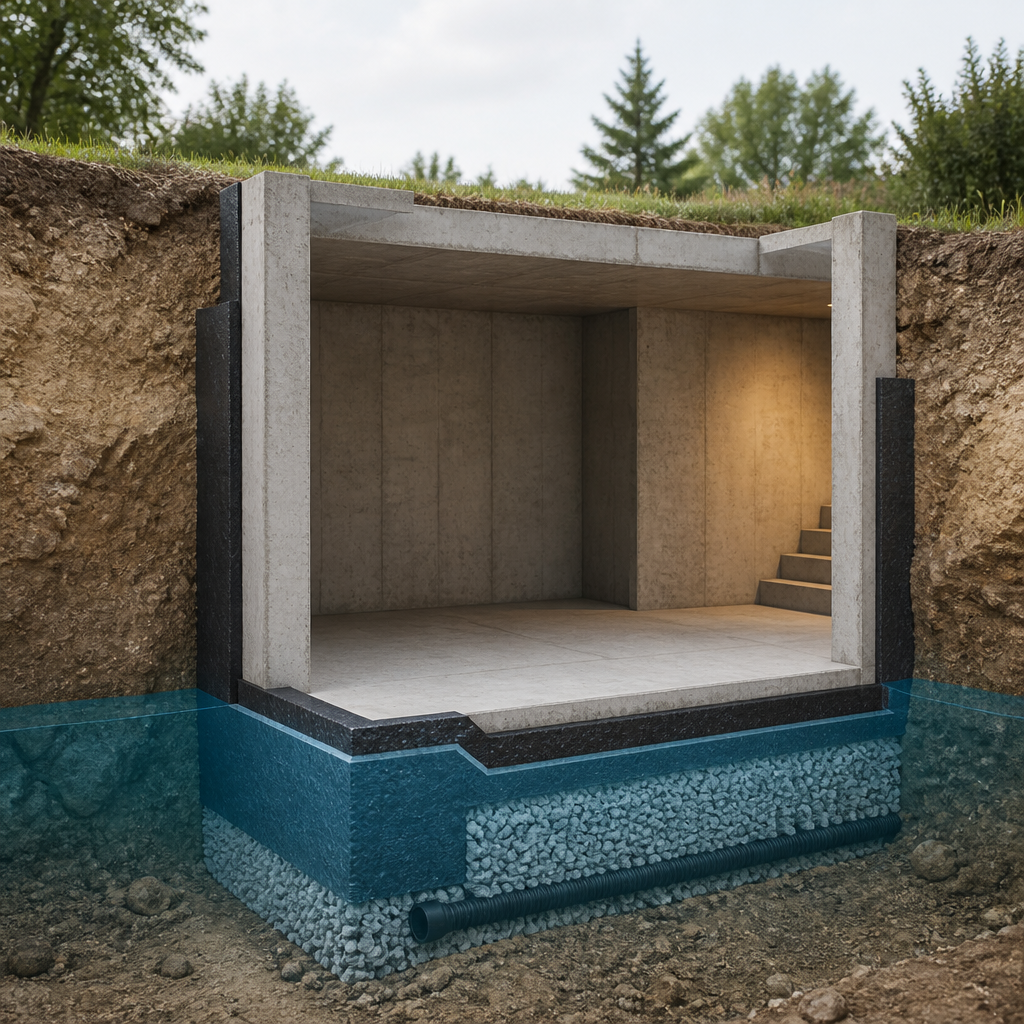 Coupe de sol montrant une cave enterrée avec murs de soutènement et drainage au-dessus de la nappe