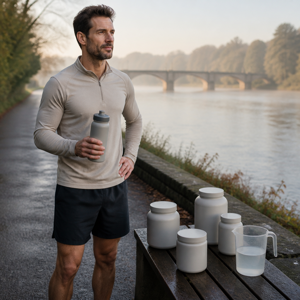 Active adult pausing on a morning running path with a water bottle, reflecting on daily nutrition habits