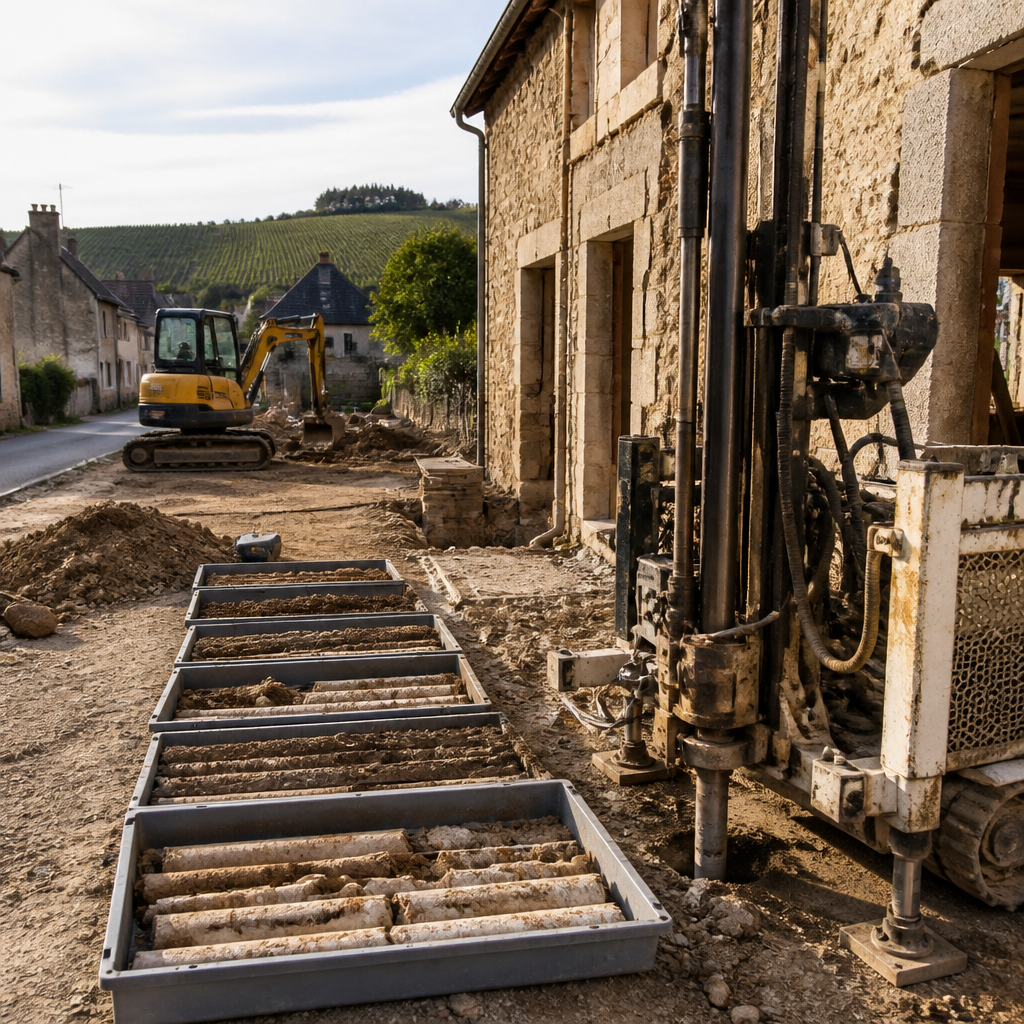 Sondages de sol et carottes prélevées sur un chantier de niveau enterré près de Nuits-Saint-Georges