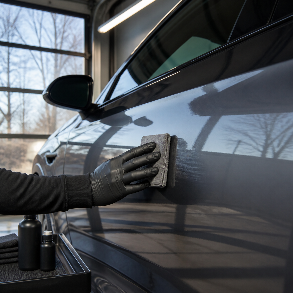 Detailer applying ceramic coating by hand to a car door panel in a heated garage during cool fall weather