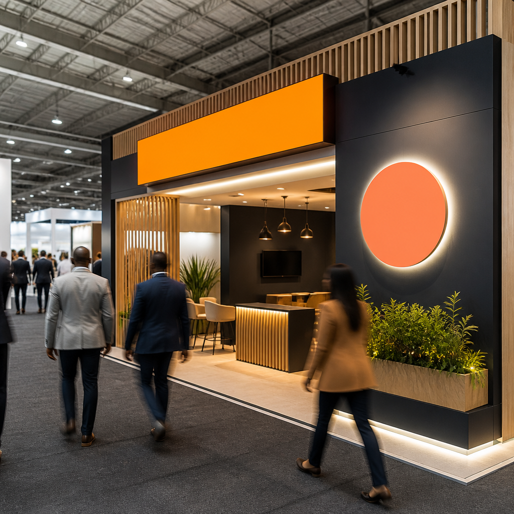 Custom exhibition display signage with a bold illuminated headline visible from across a trade show aisle in Gauteng
