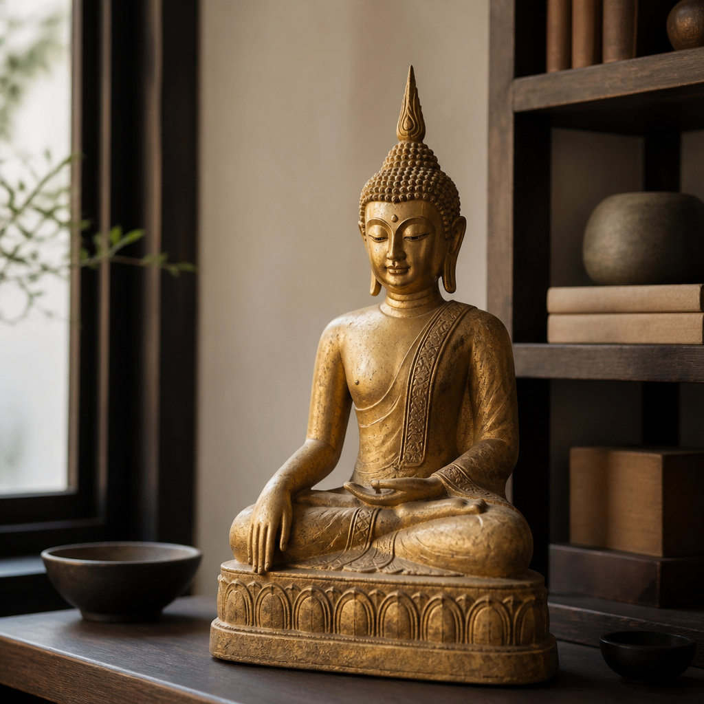Seated Burmese Buddha statue in carved stone, showing the Mandalay court art style on a wooden shelf