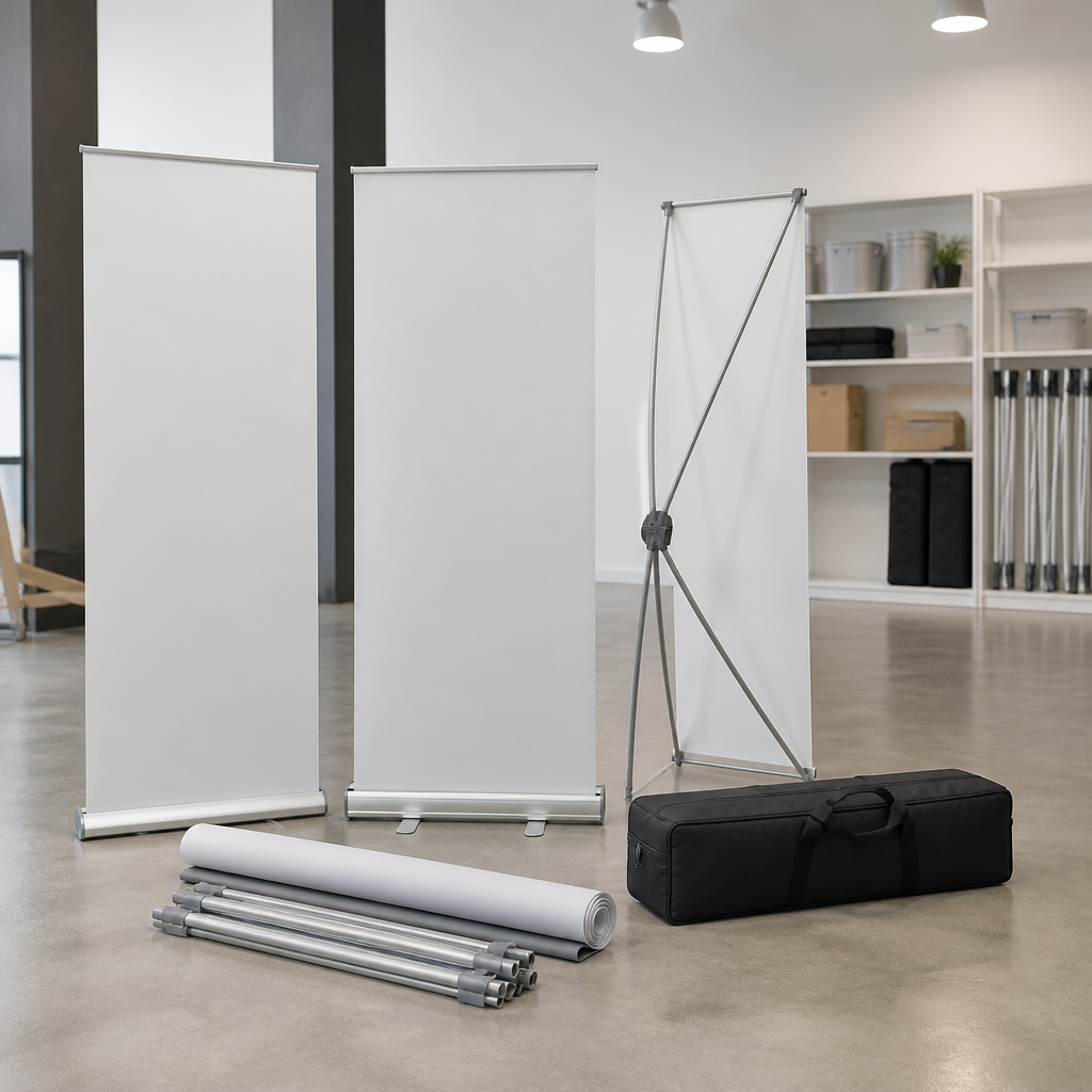 Portable pop-up banner stands and folded banner rolls ready for transport to a trade show