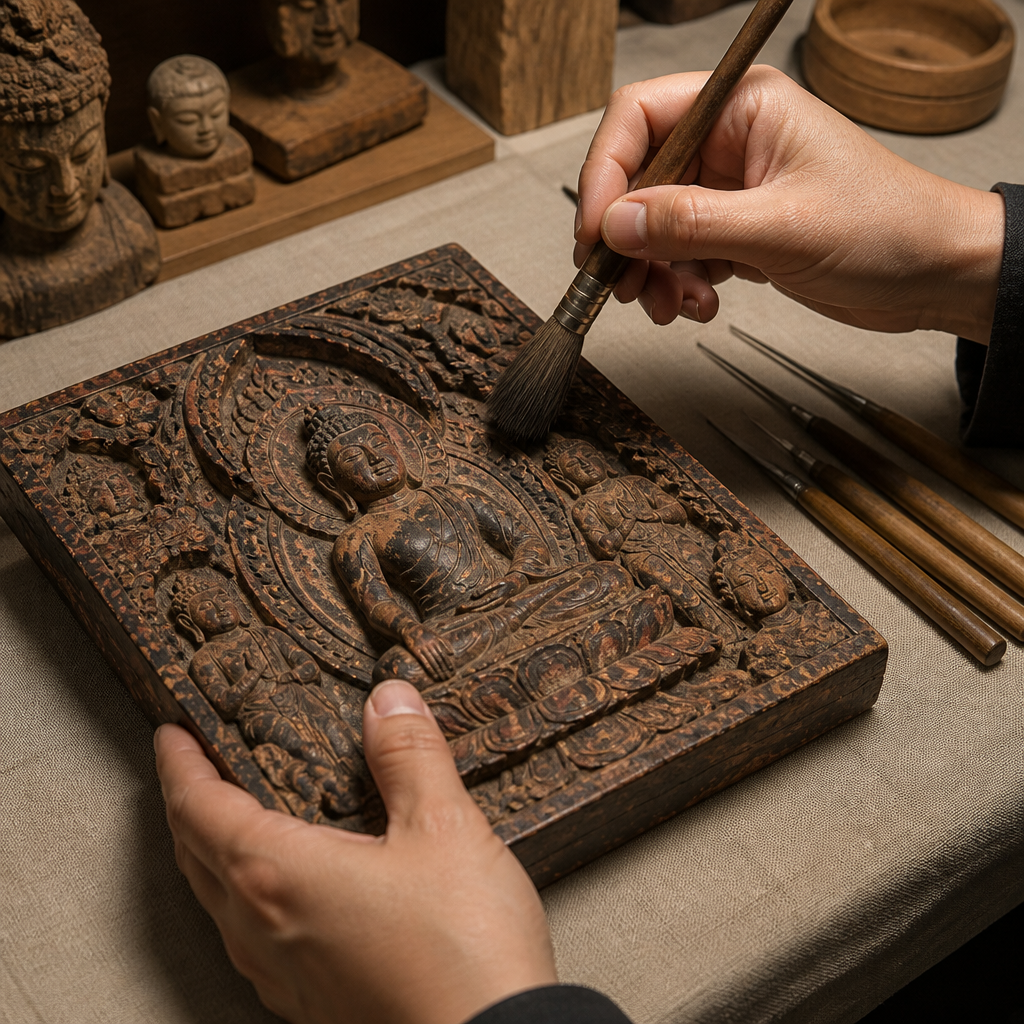 Hands examining a carved wooden Burmese Buddhist sculpture with fine relief detail and aged surface