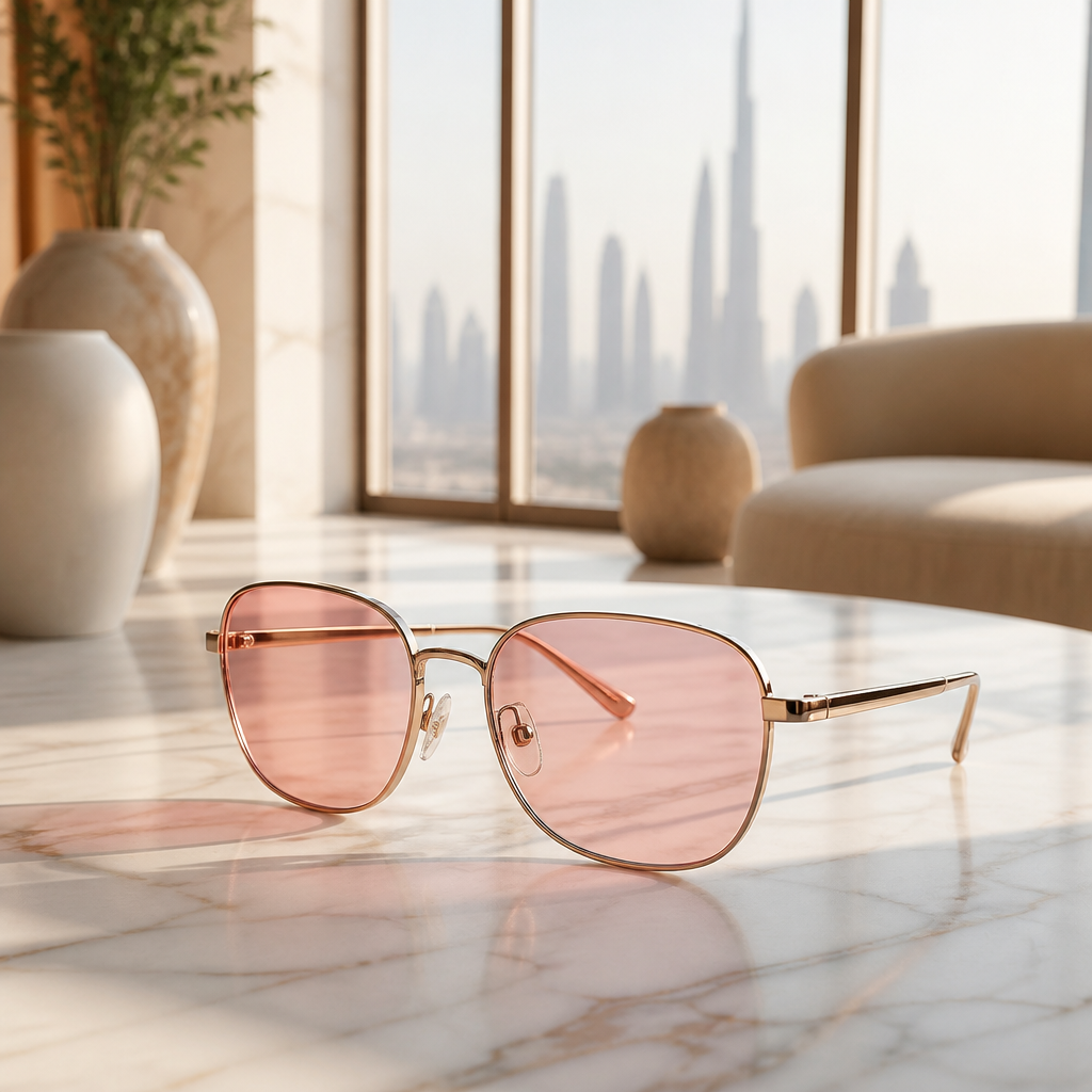 Rose-tinted prescription eyeglasses with thin frames resting on a sunlit marble surface, showing tinted eyeglasses UAE style