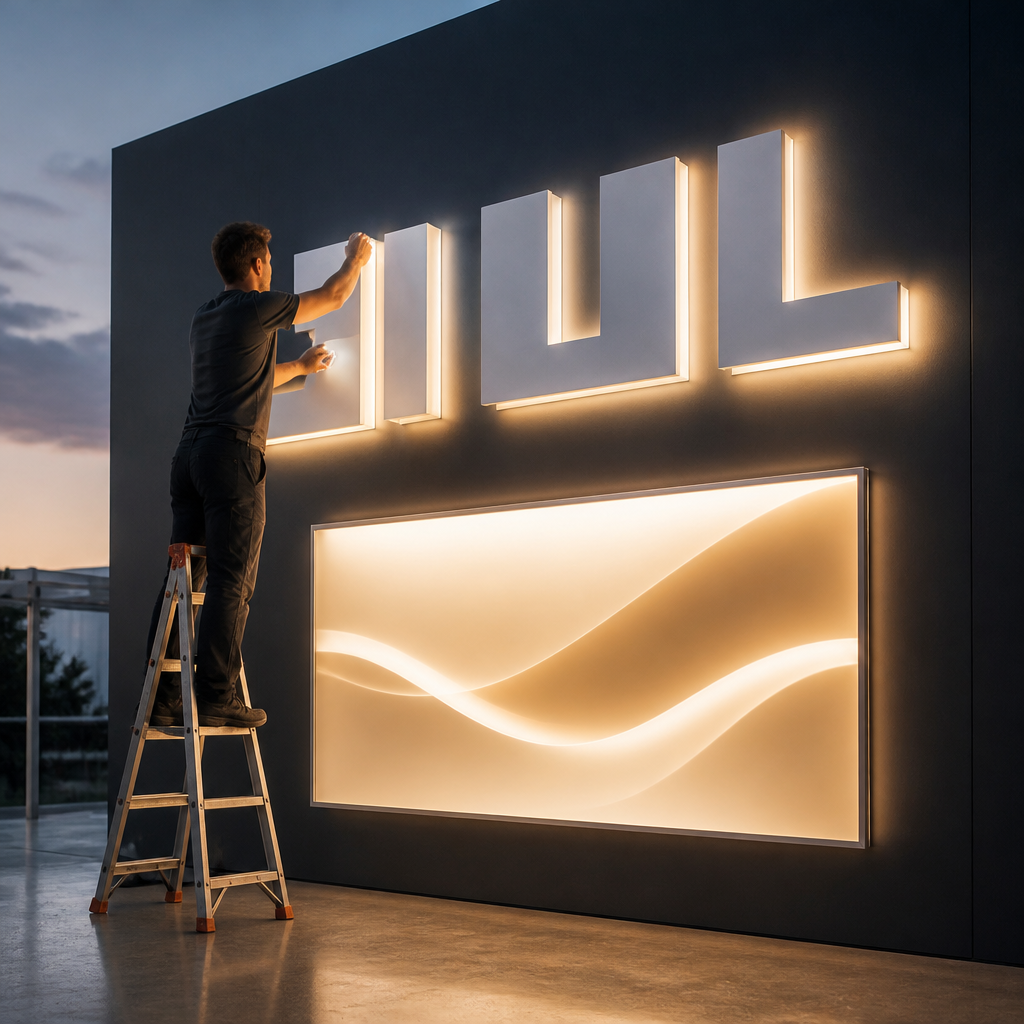 Technician checking backlit LED display lighting on an exhibition stand wall before a show opens