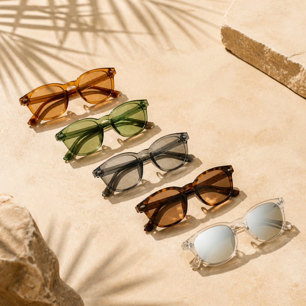 Row of eyeglass frames with amber, green, grey and mirrored tinted lenses arranged on a warm sand background