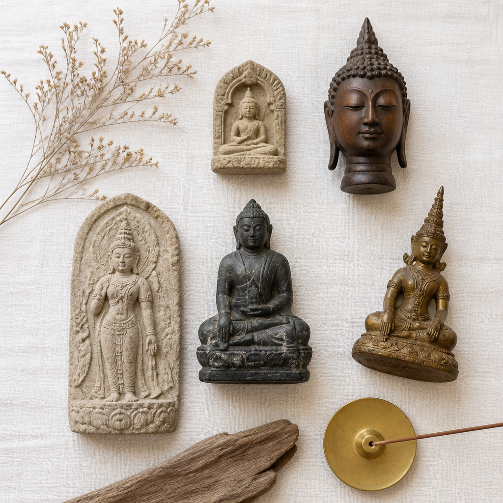 Overhead view of stone and wood Buddhist sculptures arranged on linen, comparing materials and forms