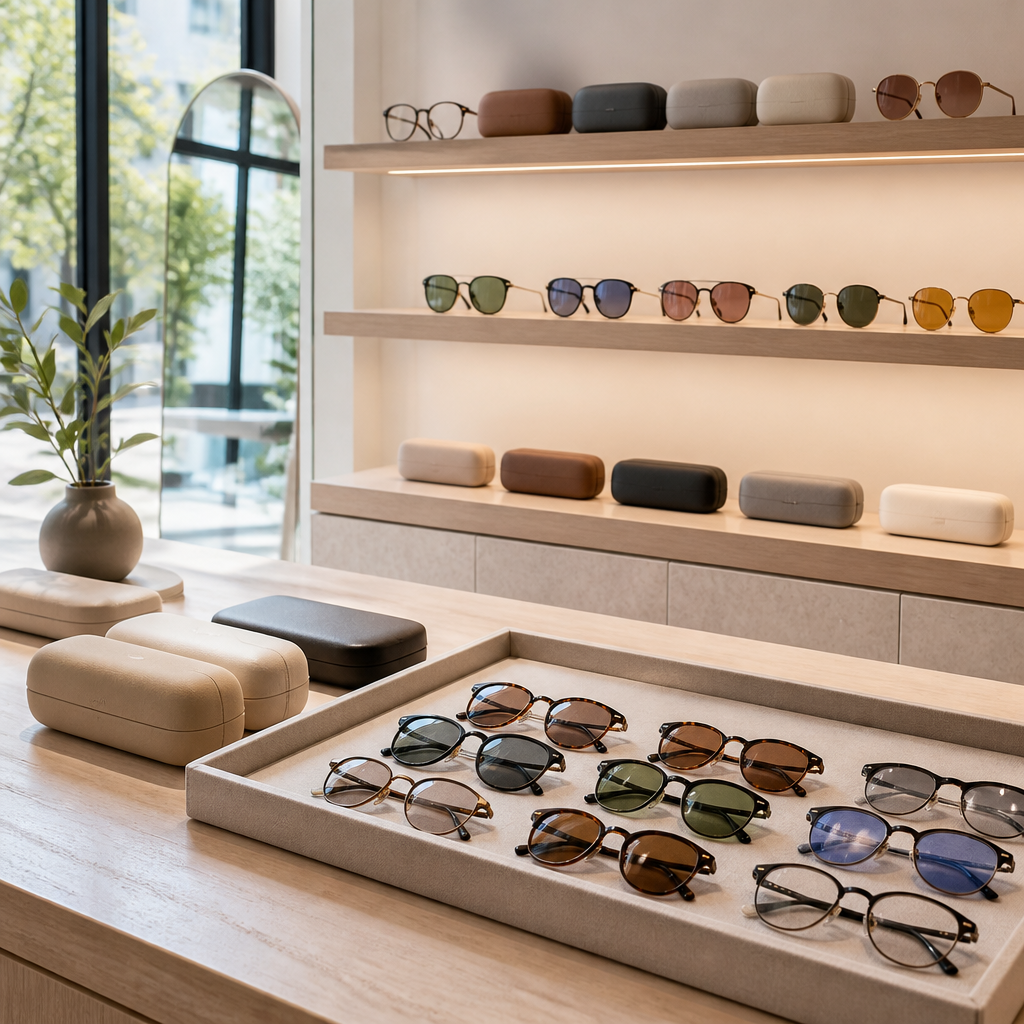 Optical display shelves with tinted eyeglass frames in a bright showroom, illustrating fashion eyeglasses options