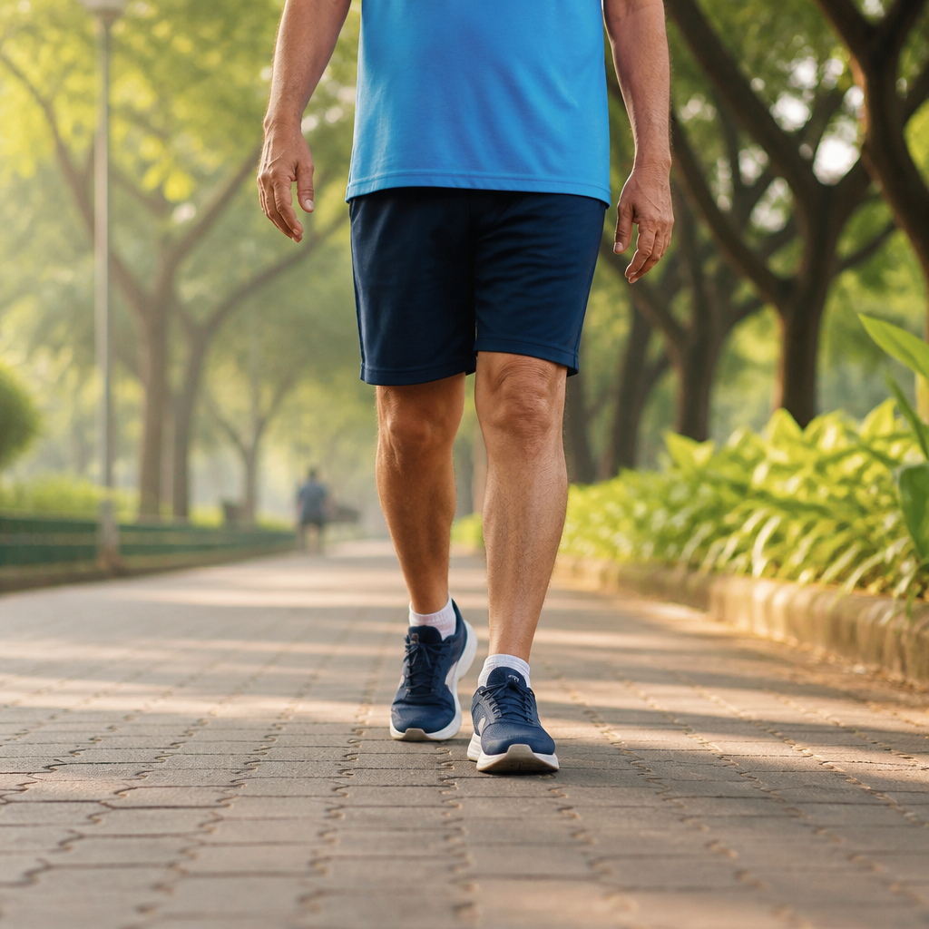 Adult over 50 walking briskly on a tree-lined park path, showing supportive shoes and steady pace for walking joint health over 50.