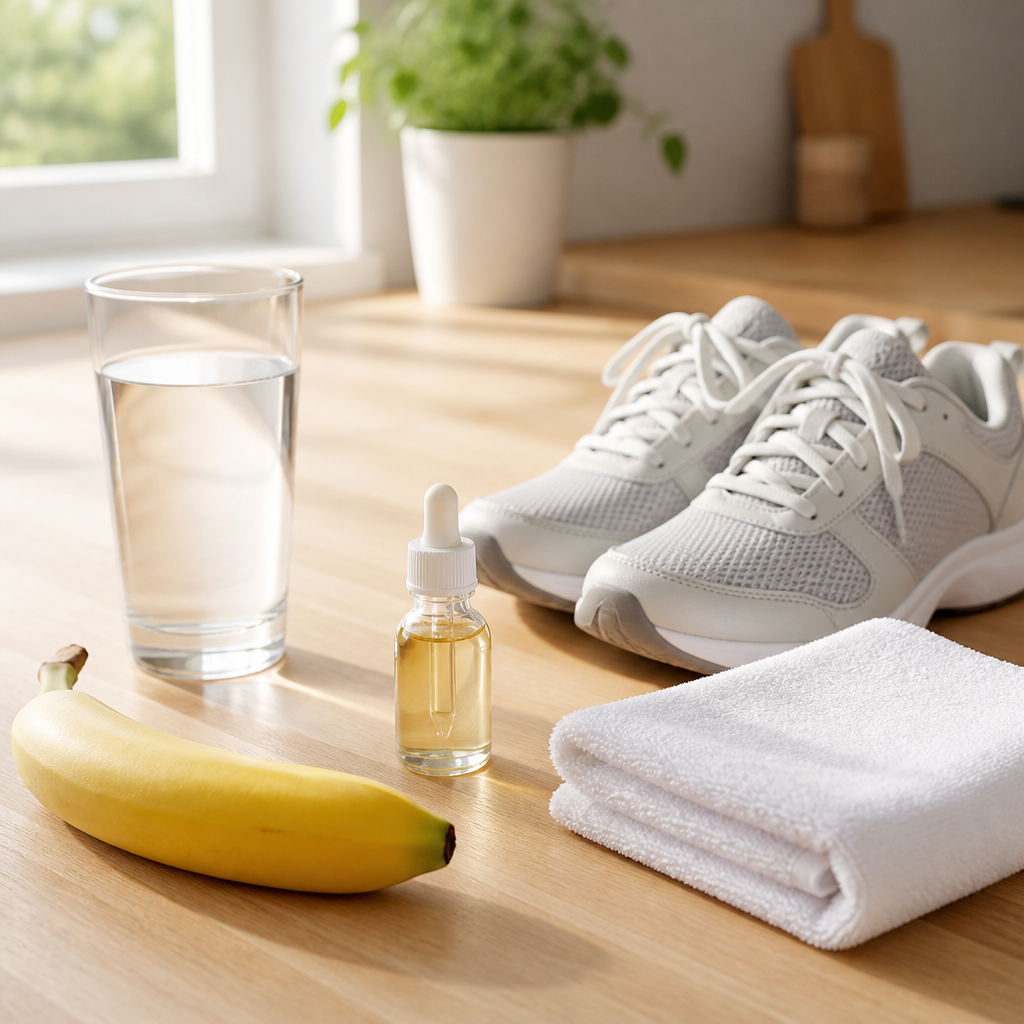 Daily recovery setup with walking shoes, water, and a small unlabelled liquid supplement bottle on a kitchen counter.