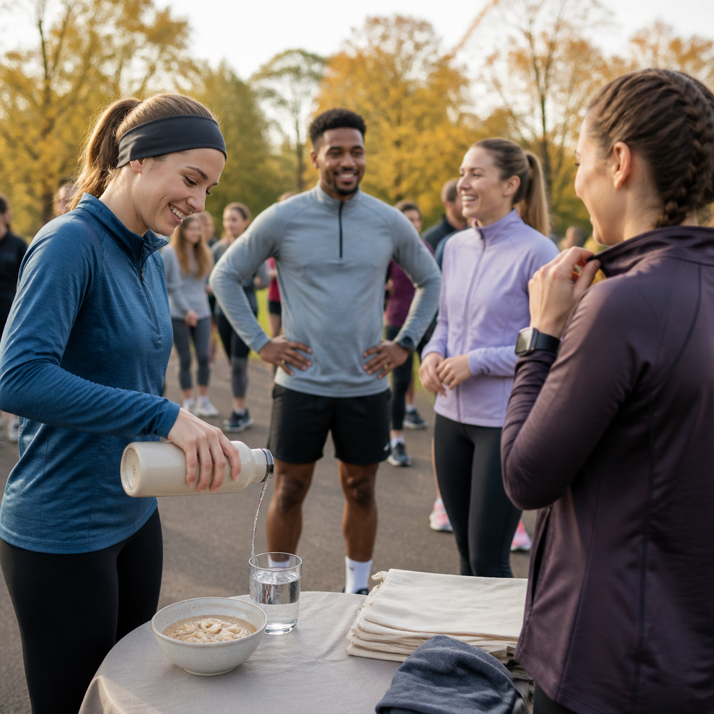 Charity runners preparing at a UK park start line with a simple race-morning breakfast of porridge and water