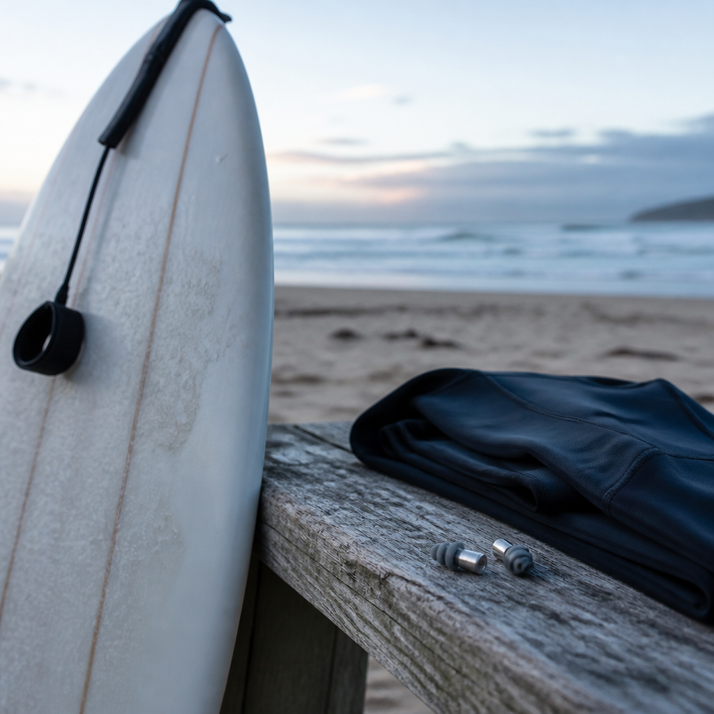 Surfer on a cold morning beach with a pair of metal ear plugs for surfers resting on a wooden bench nearby