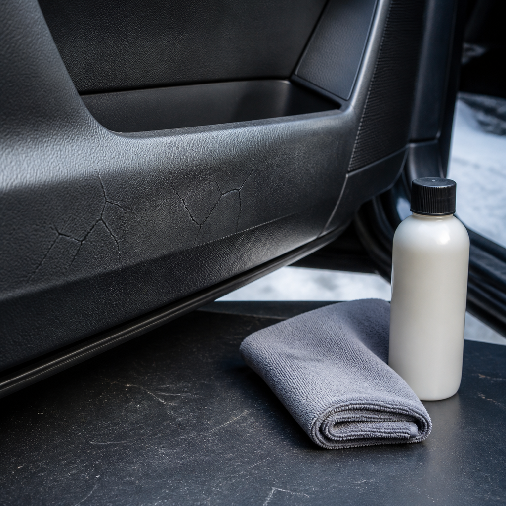 Close-up of door panel trim showing dryness and stress from winter damage to car interiors in Chicago
