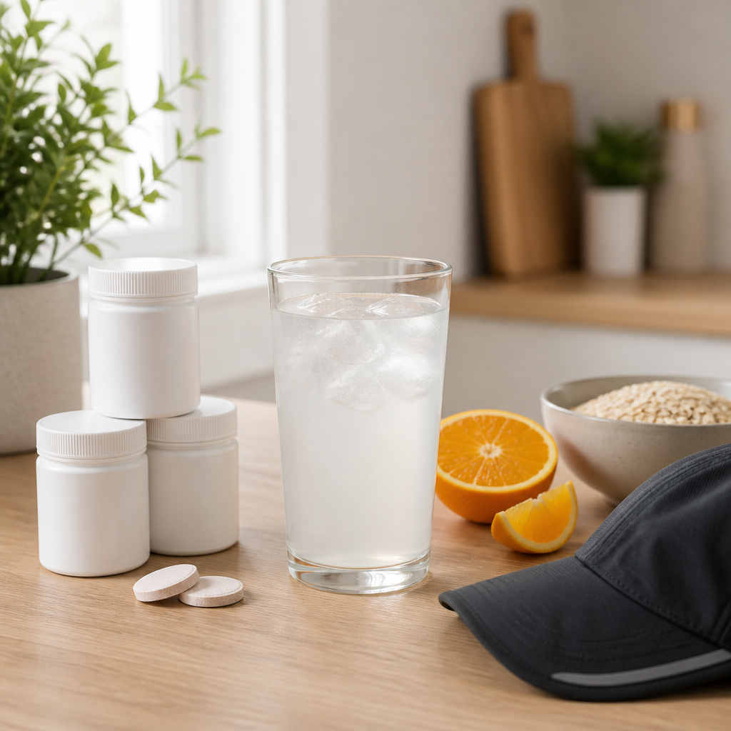Glass of electrolyte drink beside oranges and oats on a kitchen counter, ready for event day hydration