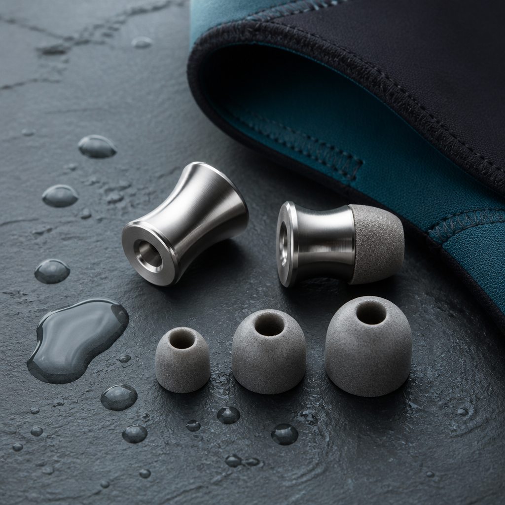 Metal ear plugs with foam tips in three sizes beside a neoprene hood on wet slate, showing water sports ear protection