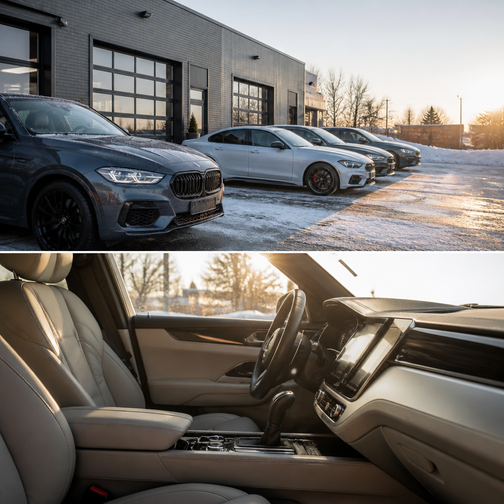 Luxury vehicles parked for interior detailing in Illinois as low winter sun and road salt hit the cabin